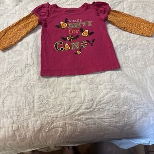 Girl 24 Mo Halloween Long Sleeve Top Fushia With Orange‎ W/ Ruffles On Shoulder